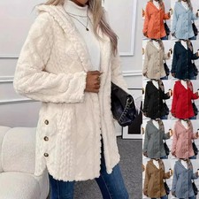 Women Teddy Bear Fleece Fur Fluffy Hooded Coat Jacket Button Cardigan Plus Size
