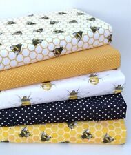 100% COTTON BEES FABRIC BUNDLE 5 PIECE SQUARES OR FAT QUARTERS HONEYCOMBE SPOT