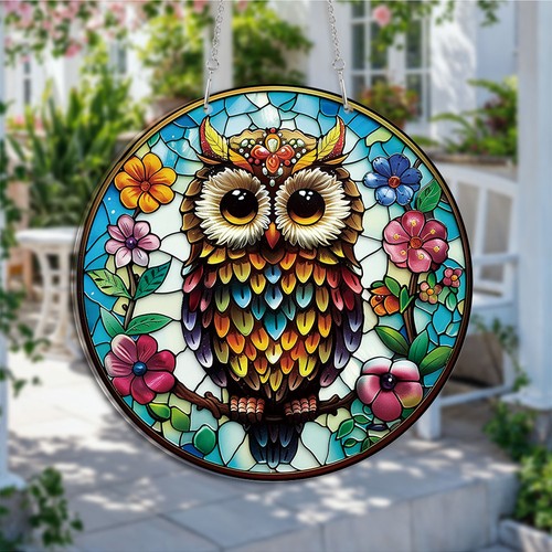 Rainbow owl suncatcher stained - suncatcher,