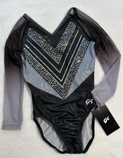 New GK ELITE Gymnastics COMPETITION Leotard BLACK GRAY Silver Sequin Bling  CS