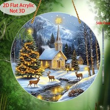 Snowy Church with Deer Christmas Suncatcher Stained Glass Effect Decor Gift
