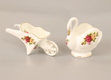 Fine Bone China Trinket Holders Miniature Swan And Wheelbarrow Cottage Rose VGC