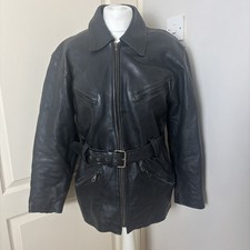 VINTAGE Leather Size Medium Jacket Mens 90s Relaxed Fit Black Biker Belted Mod