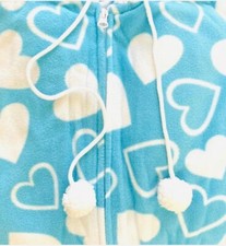 New Fleece Pom Pom Hooded Zip Jumpsuit All In One Pyjama Heart Aqua Size M