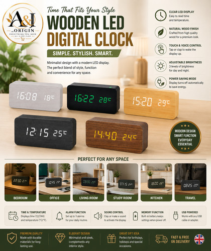 Wooden digital alarm clock led - wooden,