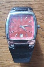 DKNY Men's Watch Model NY 1200 Red Face Black Leather Strap Good Condition