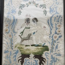 Antique rare Georgian children & dog Pin Prick &Watercolour Picture Framed c1800