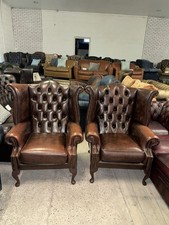 Pair Of Chesterfield Brown Real Leather Queen Anne Wingback Chairs