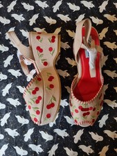 Lulu Hun UK6, Retro Chunky Cherry Wedges, Shoes, Vintage Style Pin Up Rockabilly