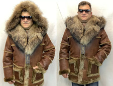 WHISKEY REAL SHEEPSKIN SHEARLING LEATHER REAL RACCOON MARLBORO TRENCH Coat S-3XL