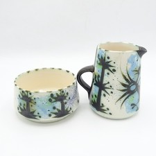 Vintage Newlyn Pottery Celtic Design Folk Pattern Jug and Sugar Bowl Cornwall