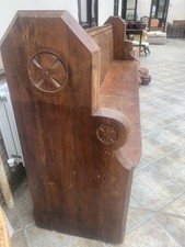 Antique Wooden Church Pew With Religious Symbols And Ledge for Hymn Book