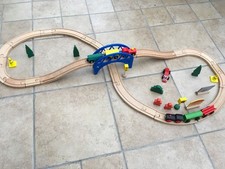 Wooden Train Track Set, trains, trucks, bridge, buildings, signs. BRIO/ELC