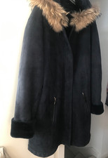 Stylish Gerard Darel lamb shearling coat blue with fur trimmed hood size 46 XL