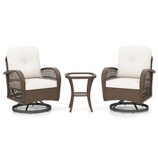 3 Pcs White Patio Rattan Bistro Set 360° Swivel Outdoor Rocking Chairs