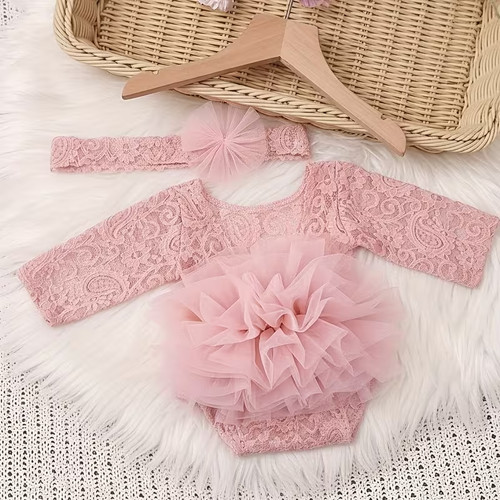 Pink lace bodysuit - pink, headband