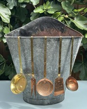 VINTAGE FRENCH COPPER & BRASS KITCHEN UTENSILS, FIVE HANGING TOOLS - L38-41cm