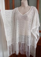 Vtg Look White Lace Fringed Poncho Beach Cover Size L Boho Coastal Cowgirl