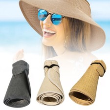 Roll Up Sun Visor Wide Brim Straw Hat Summer Foldable UV Protection Cap Women