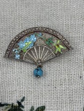 VINTAGE Chinese enamel silver filigree fan brooch with turquoise drop