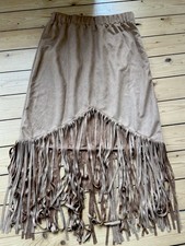 RODEO COWGIRL WESTERN FRINGED SKIRT TAN SUEDE LOOK HIPPIE FANCY DRESS UK S-M NEW