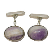 Pair of Sterling Silver Cabochon Cut Raw Amethyst Cufflinks Antique c1940 Deco