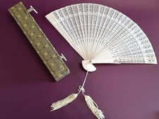 Vintage Oriental Carved / Pierced Bone Collectible Folding Hand Fan With Box