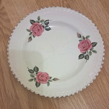 Vintage Saucer Great Plant Pot Base  Pink.flowers Gold Plated Trim Fluted Edge