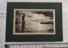 Vintage Miniature Pen Ink Seascape Sailboat  Lighthouse Signed Monogram 