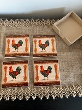 Vintage Ceramic Coasters Set of 4 Rooster Design with Holder Vintage Tile Decor