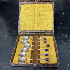 Elegant Bided Vintage Set Of 6 Silver Plated Coffee Bean Purple Teaspoons