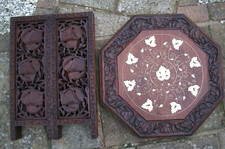 LARGE ANTIQUE  OCTAGONAL FOLDING   ANGLO/ INDIAN   SIDE TABLE CARVED/INLAID TOP