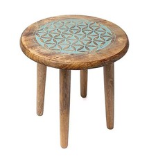 Side table Blue Flower of Life print mango wood