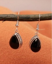 Womens Vintage Silver Metal Black Stone Water Drop Dangle Drop Decor Earrings