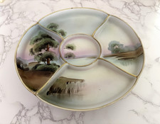 RARE Antique Nippon Relish Serving Footed Tray Hand Painted Water Trees Japan