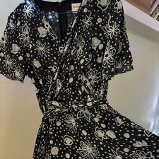 Simon Ellis Occasions Tailored Long Navy Print Dress Size 14 Uk With Tie Detail