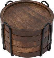 SAMHITA Mango Wood Coasters for Drinks with Iron Holder Stand Set of 5 for Drink