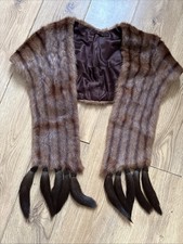 Vintage Brown Real Mink Fur Stole Cape Shawl Wrap Satin Lining Mink Fur Tassels