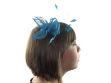 Teal Blue Fascinator Hair Comb with Feather Loops for Weddings & Races