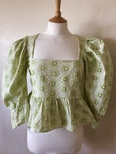 ZARA LIGHT GREEN BRODERIE ANGLAISE PUFF SLEEVE CROP  TOP BLOUSE SIZE EUR MEDIUM