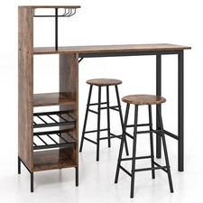 3PCS Bar Table & 2 Stool Industrial Kitchen Dining Set W/ Wine Rack Glass Holder