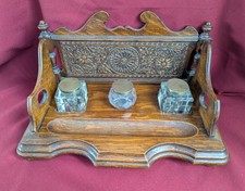 Antique Victorian / Edwardian Oak Desk Tidy Three Ink Wells Circa 1900s