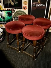 4 x Original Retro SET of Vintage Pub Stools Solid Wooden Legs,  Red Velvet