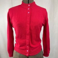 Vintage 50s Womens Cardigan (M) Red Cashmere Button Mock Siren Rockabilly Pinup