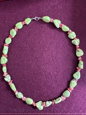 Vintage Variscite & Coral Sterling Silver Necklace 48g 1970s Boho Collector
