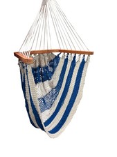Blue & White Striped Hammock Chair Swing – Hanging Seat with Wooden Spreader Bar