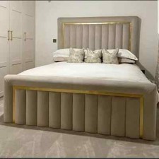Luxury Gold Strip Panel Plush Velvet Bed  with optional Mattress