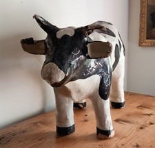 Very Rare 1950's French Butcher Shop Papier Mache Display Cow With Super Patina