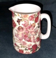 Staffordshire Sheltonian Bone China Milk Jug Pink Roses, Cherubs & Butterflies