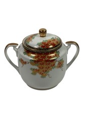 Vintage Japanese China Sugar Bowl With Lid 15.5cm Orange Gold Maple Leaf Design